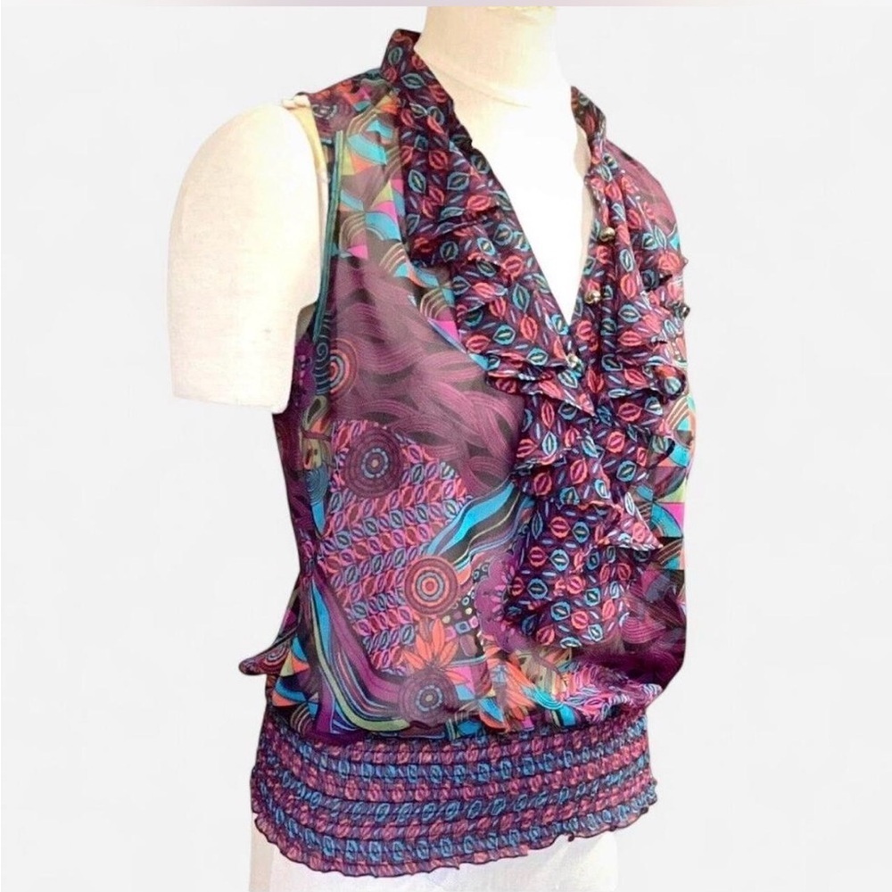 Bisou Bisou Purple Multicolor Ruffled V-Neck Printed Cami - Picture 3 of 8